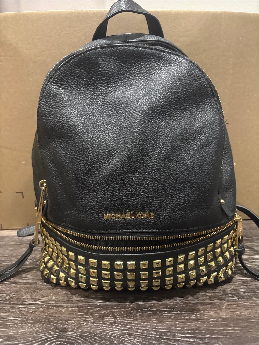Michael Kors Black Leather Mini Backpack with Gold Stud Accents